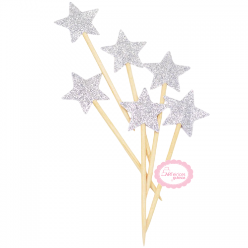 Mini Toppers Estrelas Glitter Prateado